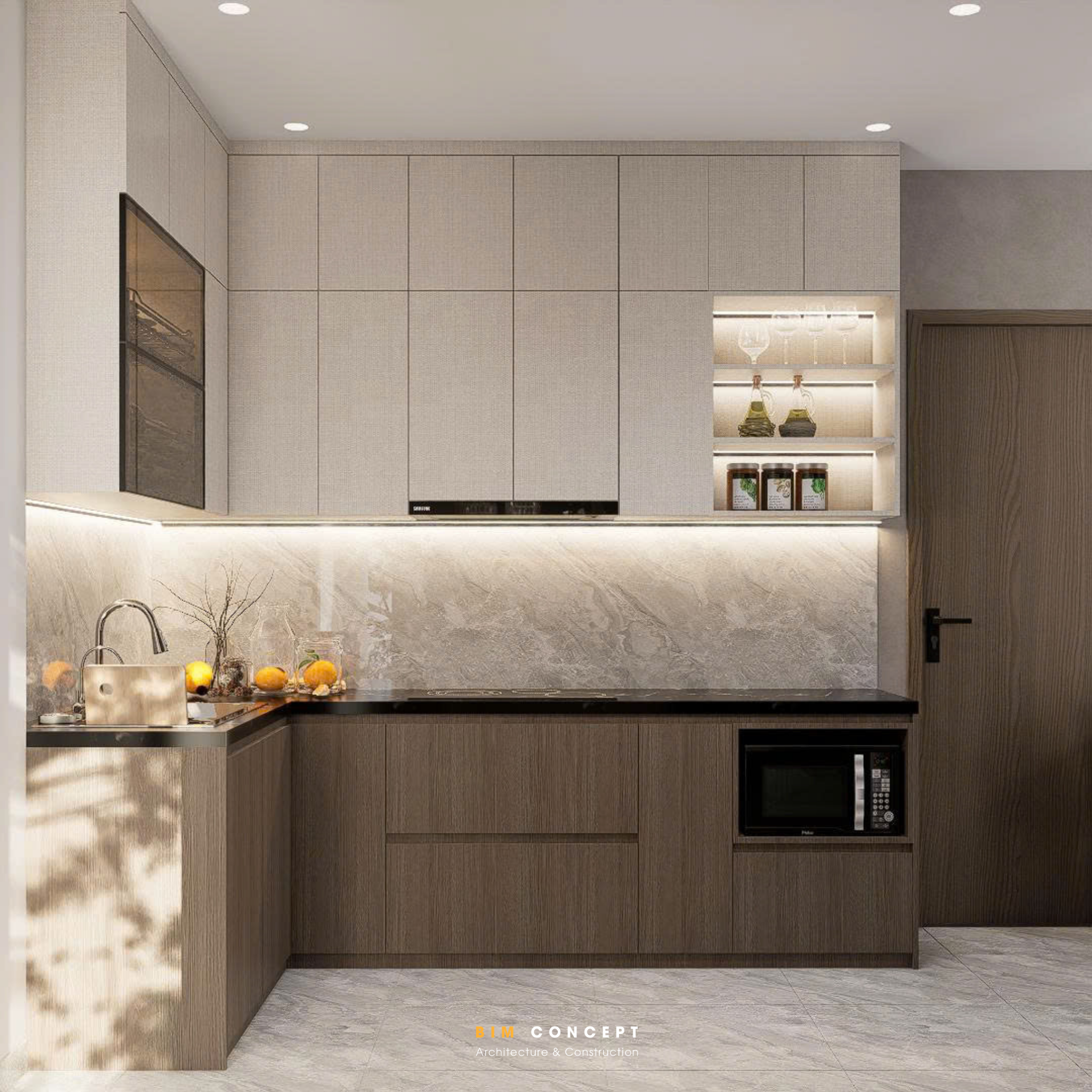 Sự kết hợp giữa chất liệu gỗ, ánh sáng và hệ tủ liền khối giúp không gian bếp trở nên hiện đại, tinh tế