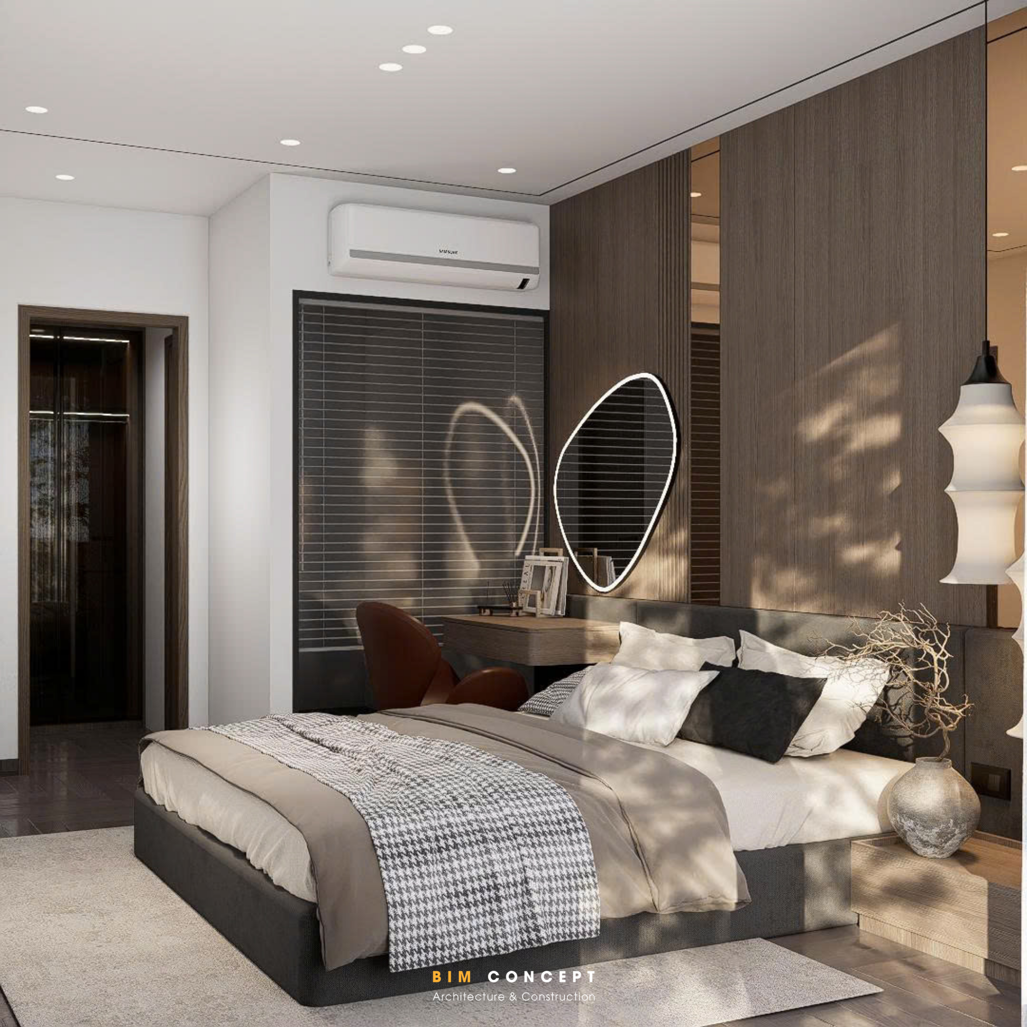 Hệ cửa kính lớn giúp tận dụng tối đa ánh sáng tự nhiên, kết hợp cùng bàn trang điểm đảm bảo sự tiện nghi trong sinh hoạt hằng ngày.