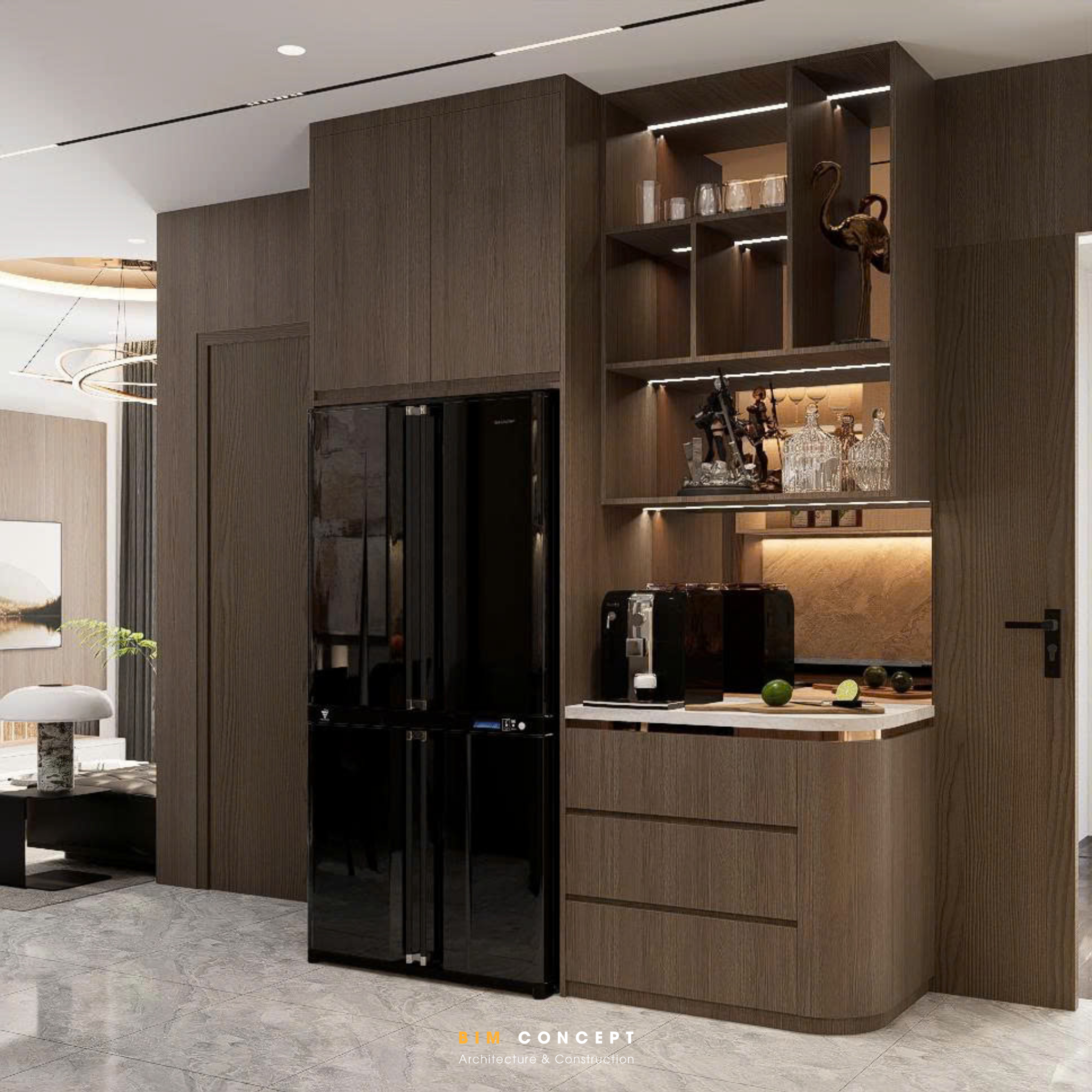 Hệ tủ hiện đại kết hợp khu vực trưng bày và pha chế giúp tối ưu công năng, đồng thời nâng tầm giá trị thẩm mỹ của căn hộ.