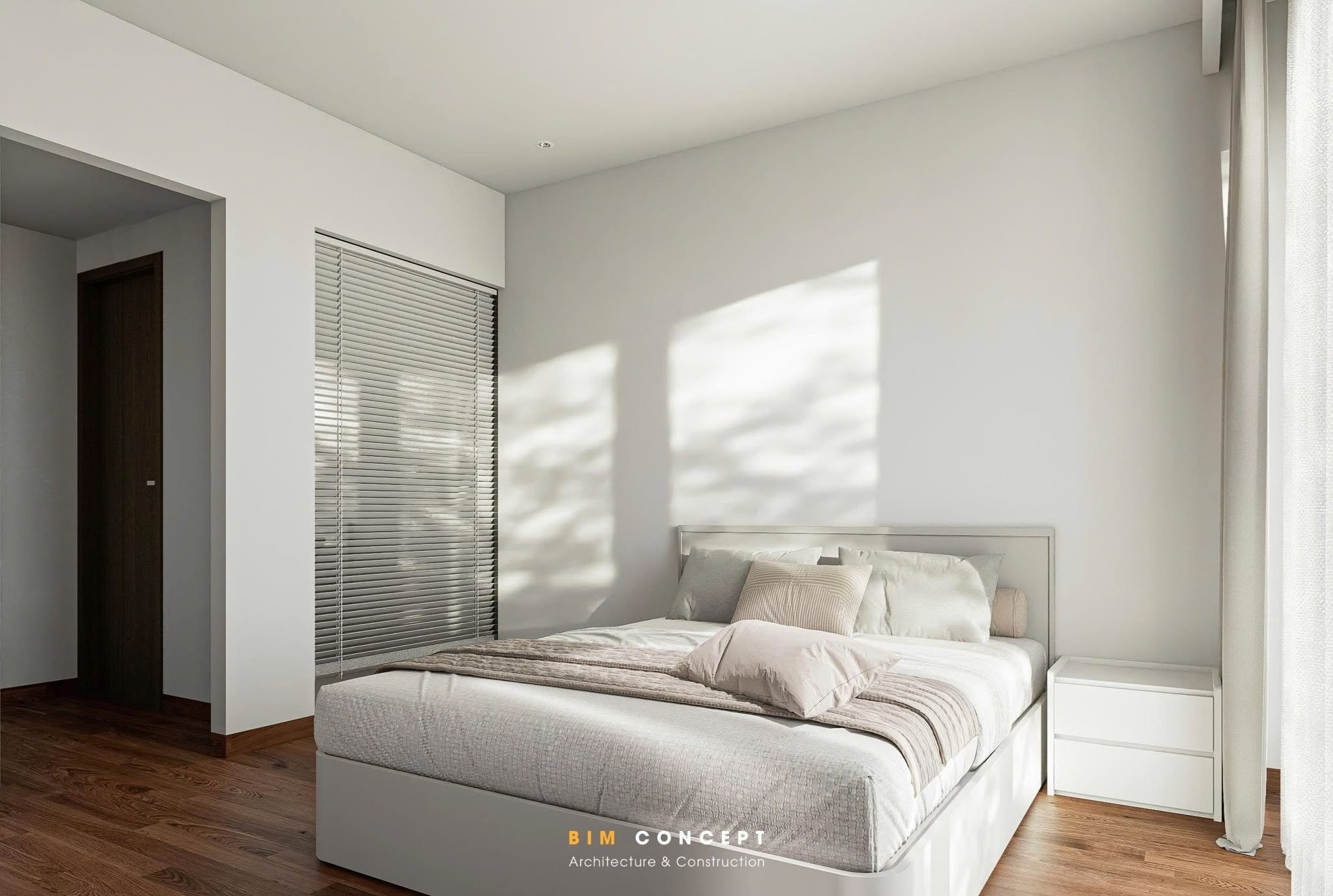 Không gian được mở rộng nhờ hệ cửa kính lớn kết hợp rèm hai lớp, giúp đón ánh sáng tự nhiên vào ban ngày và dễ dàng điều chỉnh theo nhu cầu sử dụng