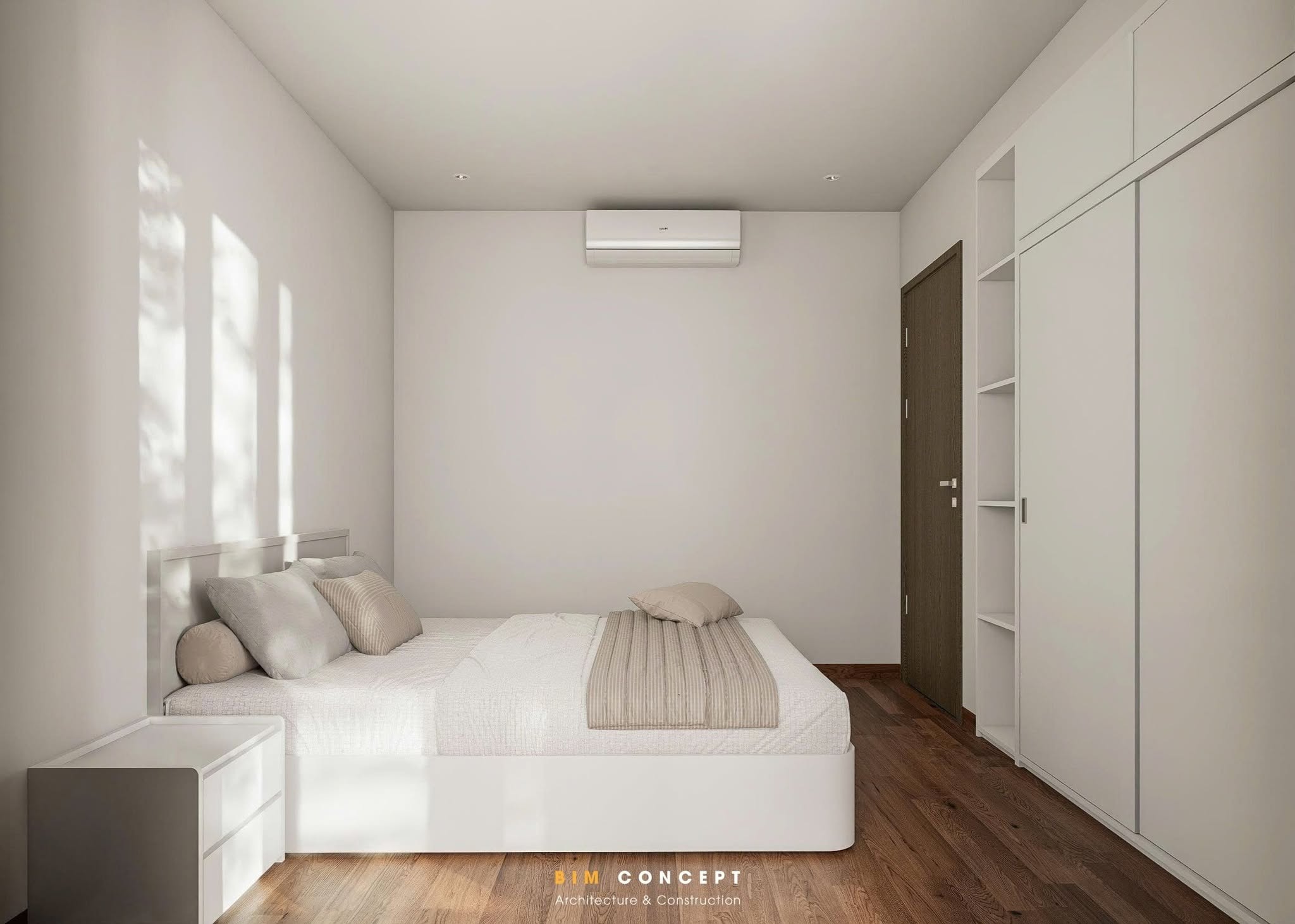 Hệ cửa kính lớn được bố trí sát bên giường ngủ giúp căn phòng luôn ngập tràn ánh sáng tự nhiên