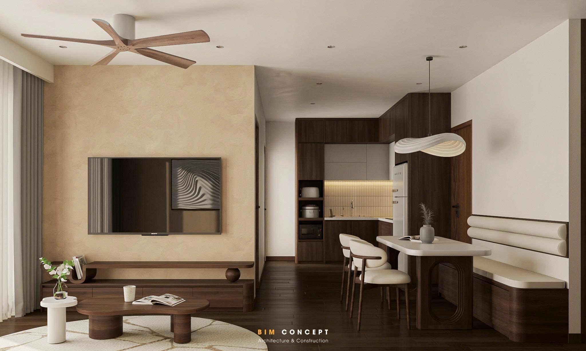 Không gian phòng khách liền bếp trong dự án thiết kế nội thất căn hộ Vista 2 phòng ngủ được Bim Concept bố trí theo phong cách Wabi Sabi hiện đại