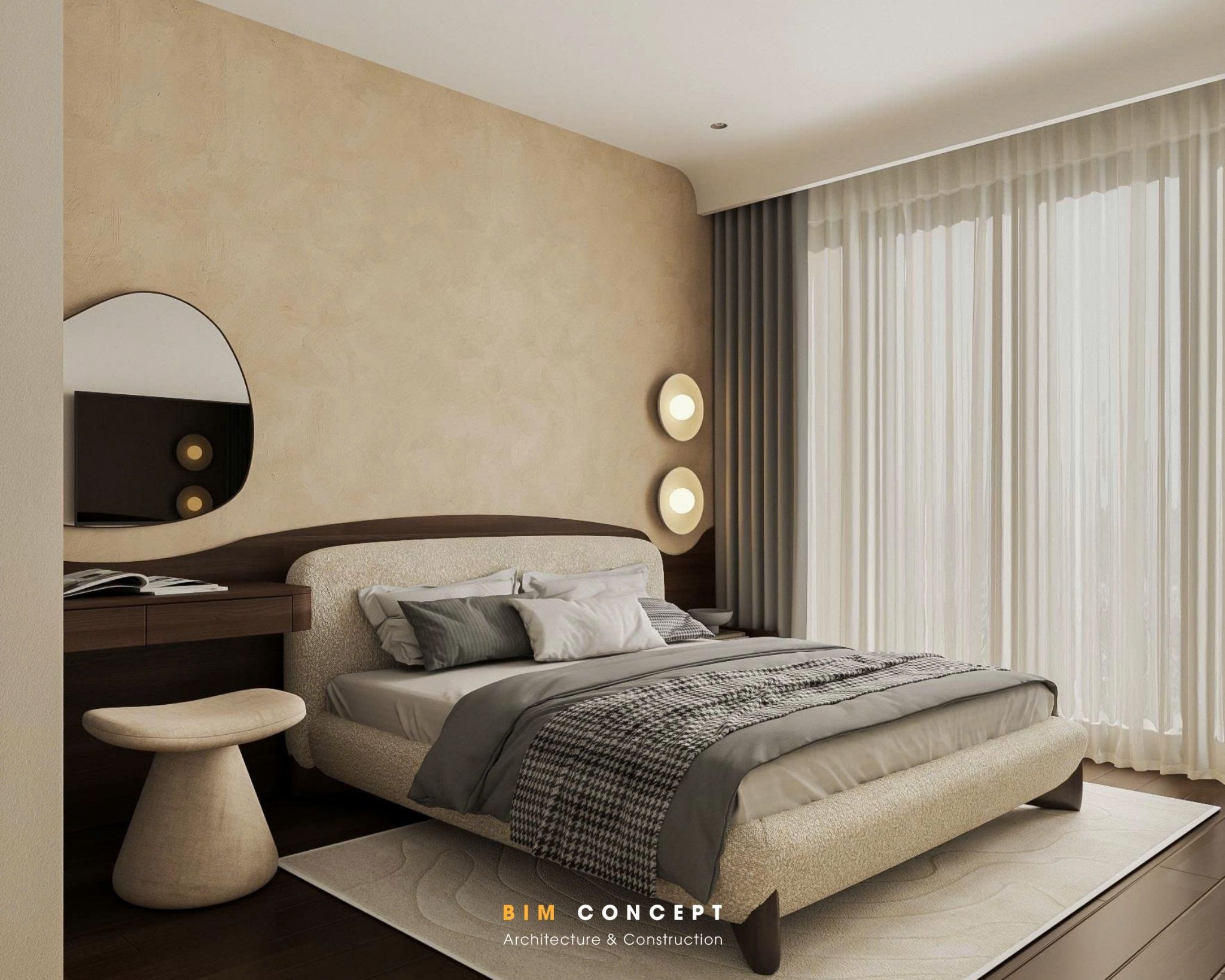 Điểm nhấn của căn phòng là phần đầu giường bo cong mềm mại kết hợp cùng hệ đèn tường ánh sáng ấm, mang lại cảm giác tinh tế và có chiều sâu hơn cho không gian nghỉ ngơi.