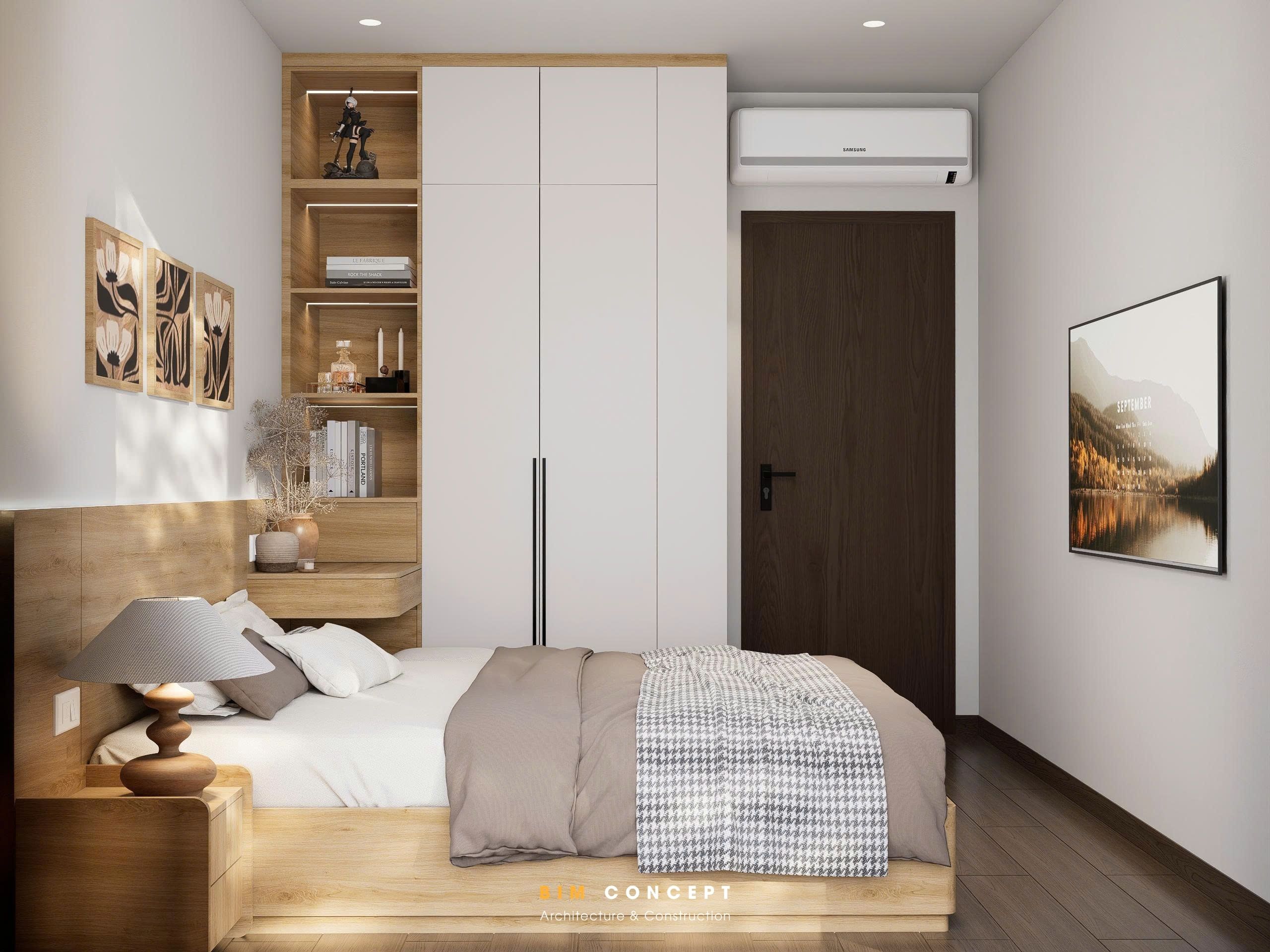 Hệ tủ áo tích hợp bàn trang điểm được bố trí gọn gàng