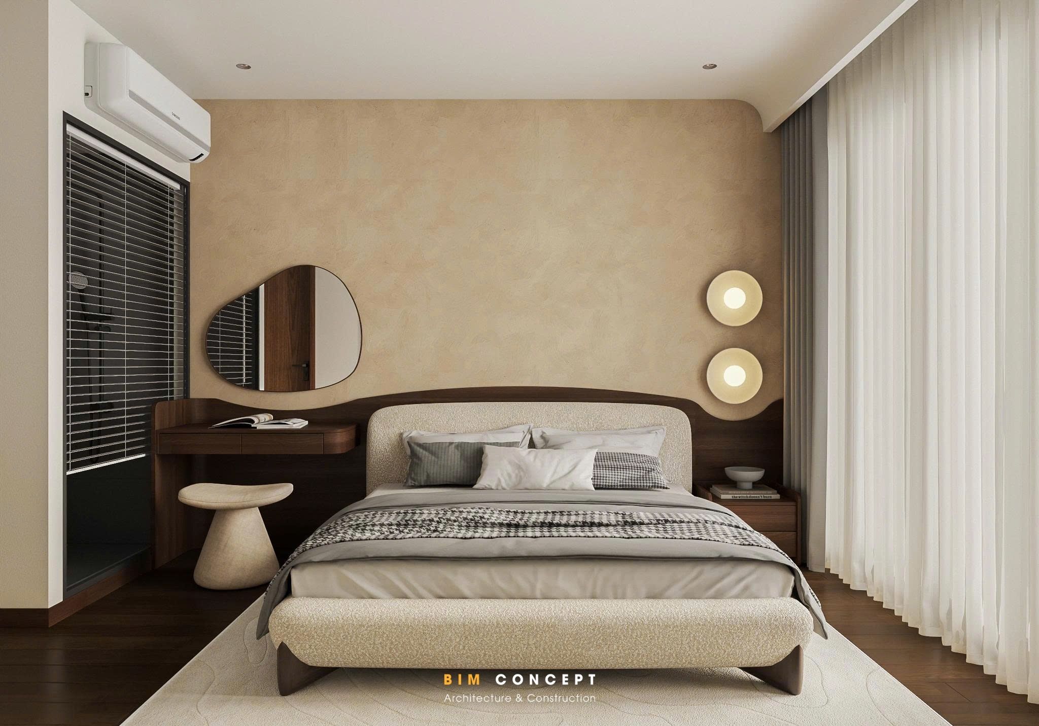 Không gian phòng ngủ 1 được Bim Concept thiết kế theo tinh thần Wabi Sabi, ưu tiên sự tối giản, ấm áp và cảm giác thư thái trong từng chi tiết.
