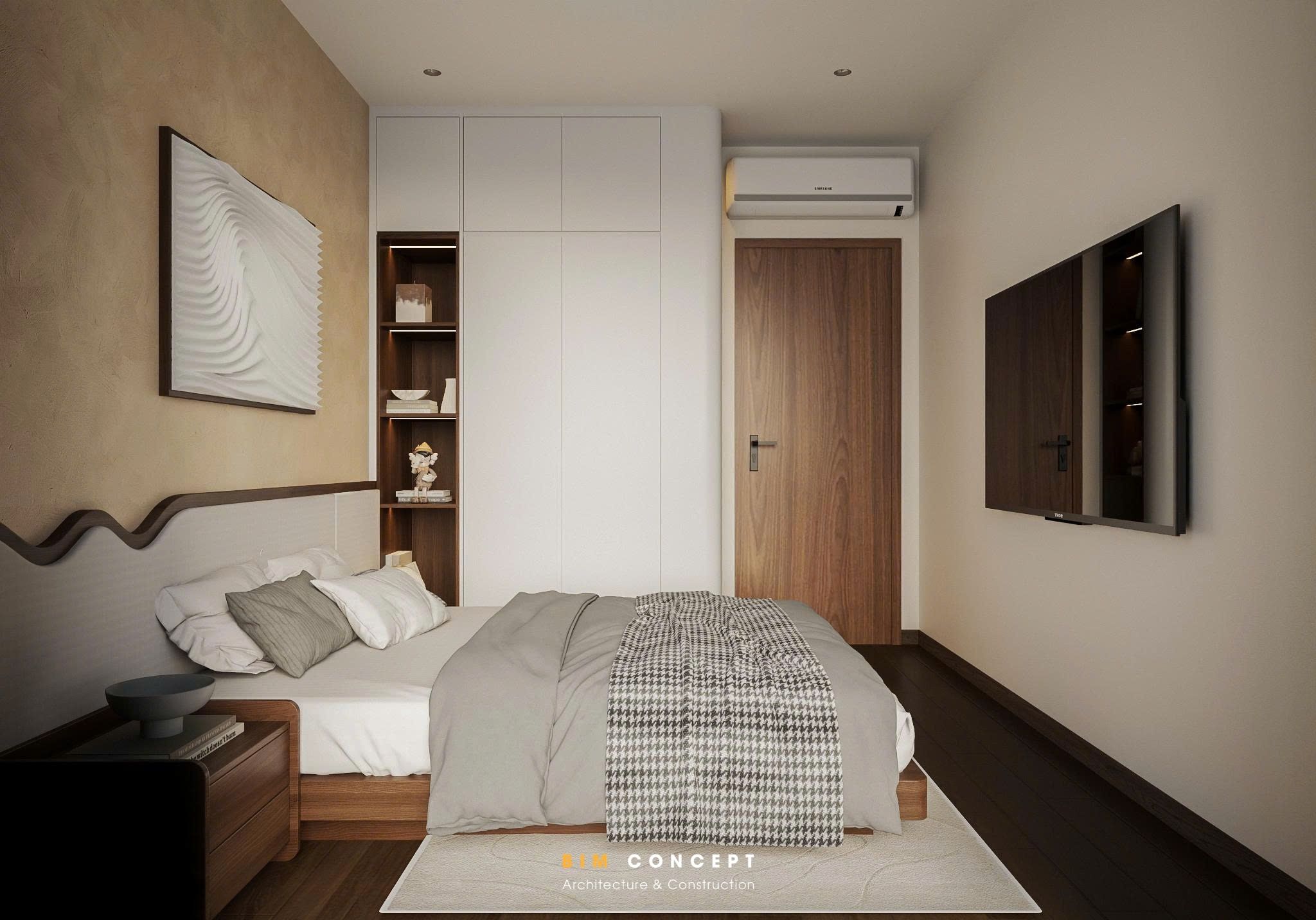 Thiết kế đầu giường với đường nét uốn lượn độc đáo trở thành điểm nhấn nổi bật, giúp không gian có chiều sâu và giàu cảm xúc hơn mà không cần quá nhiều chi tiết trang trí