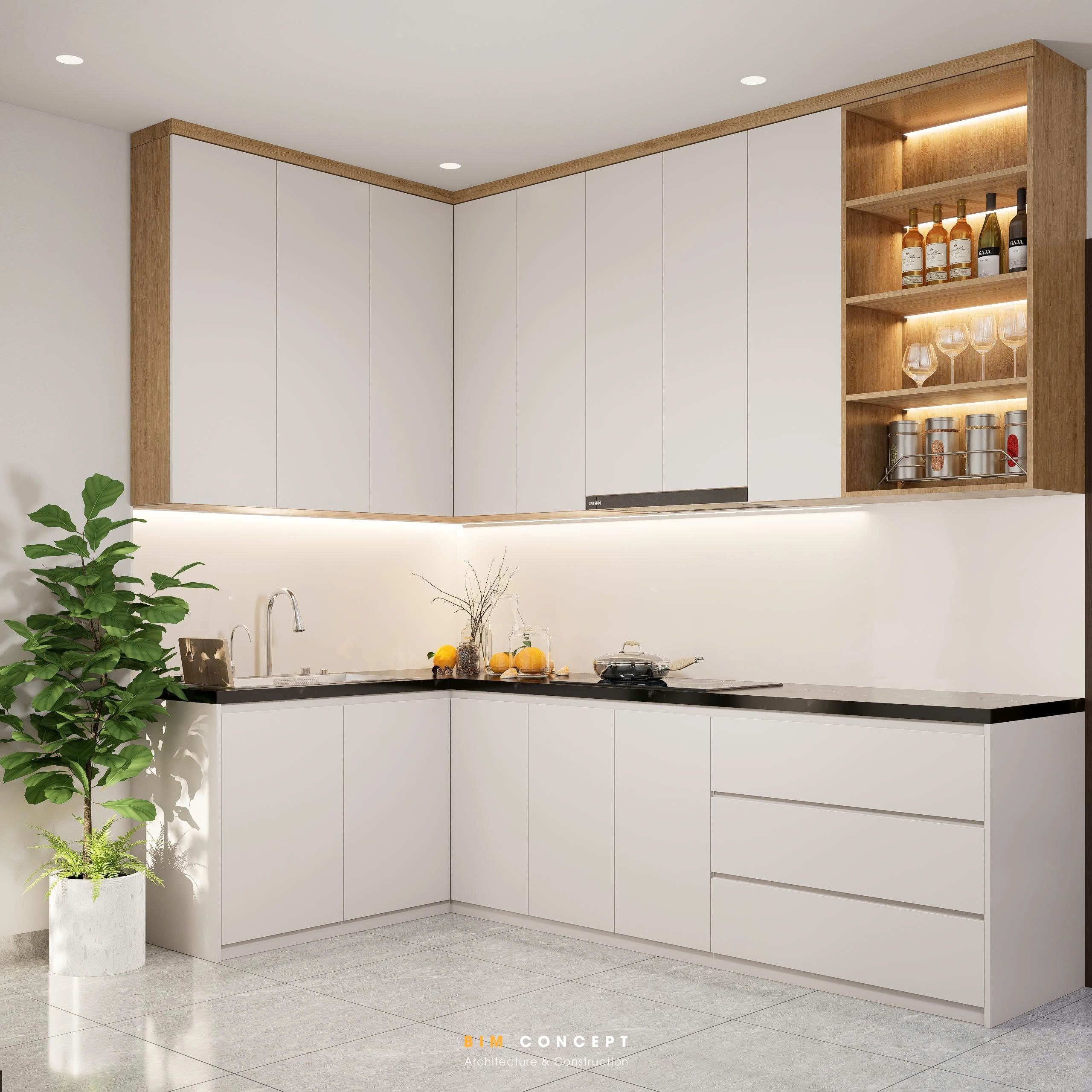 Sự kết hợp hài hòa giữa vật liệu hiện đại và những chi tiết mộc mạc mang đến một khu vực bếp – ăn thẩm mỹ
