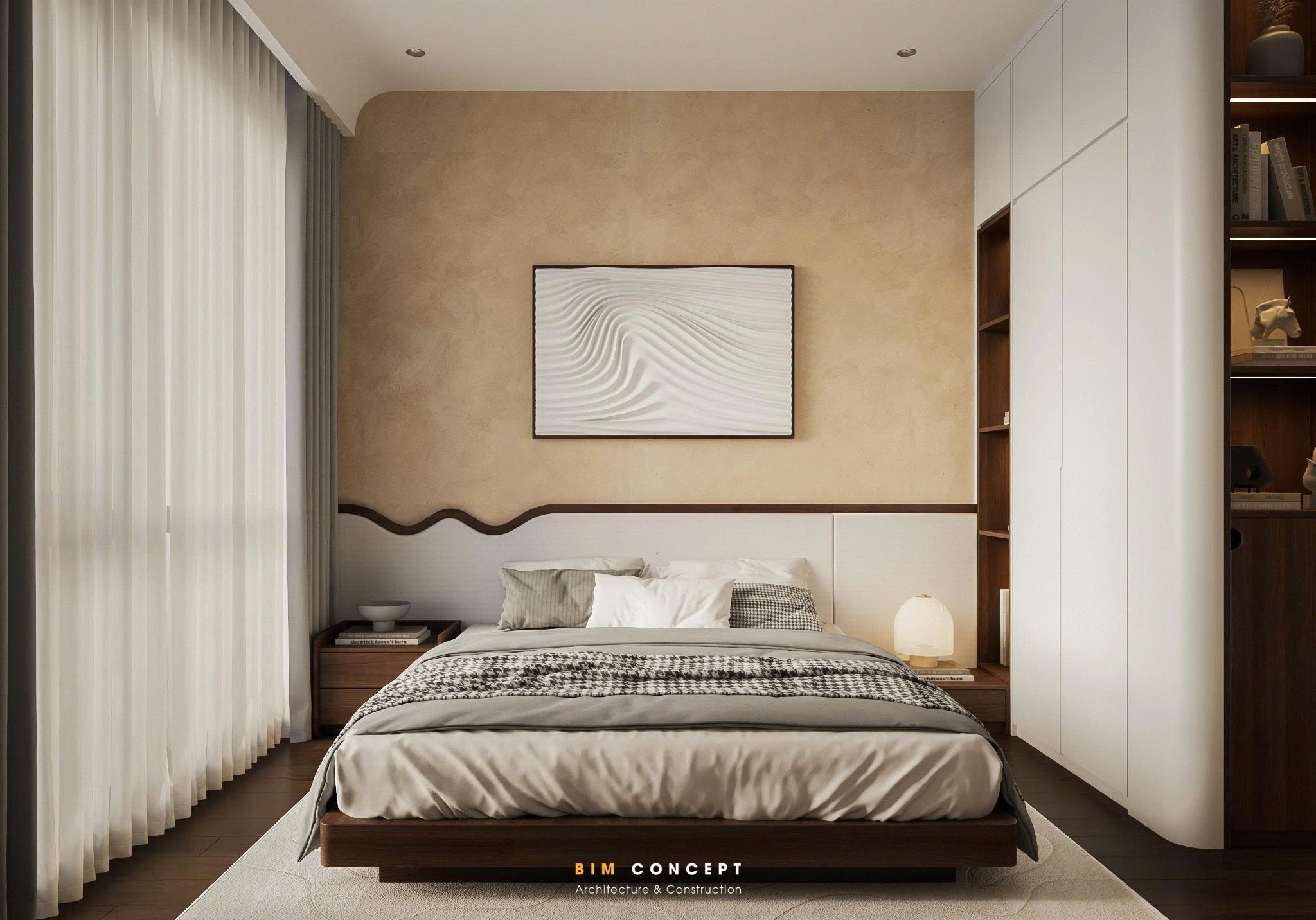 Phòng ngủ 2 được Bim Concept định hướng như một không gian nghỉ ngơi nhẹ nhàng và cân bằng theo tinh thần Wabi Sabi hiện đại