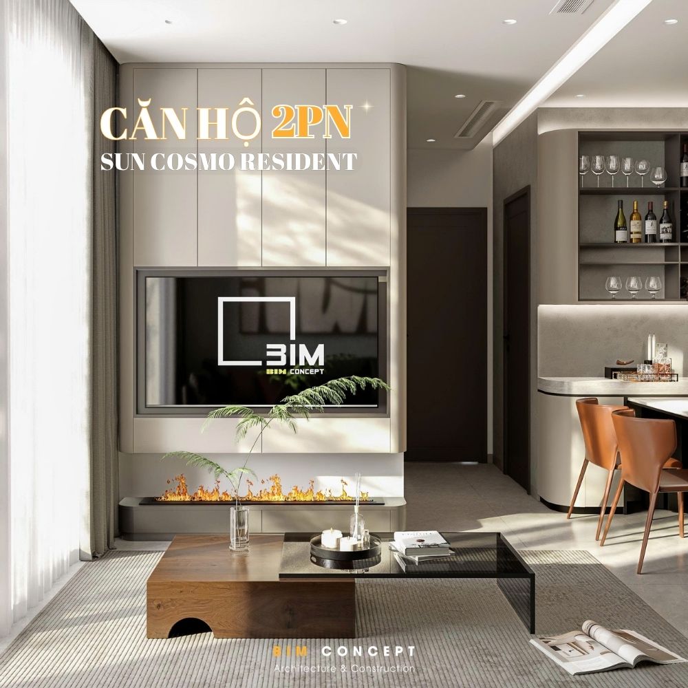 Hệ vách ốp lam gỗ phía sau sofa kết hợp tranh trang trí và đèn hắt tạo chiều sâu cho không gian, trong khi cửa kính lớn phủ rèm hai lớp giúp tận dụng ánh sáng tự nhiên