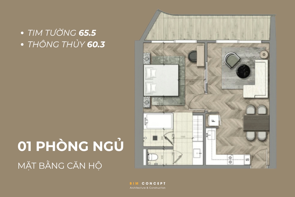 Mặt bằng chung cư 1 phòng ngủ