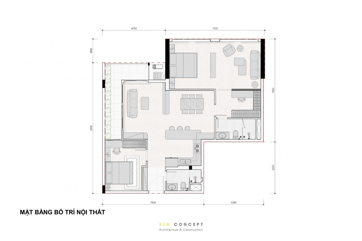 Mặt bằng căn hộ 2 phòng ngủ 110m2