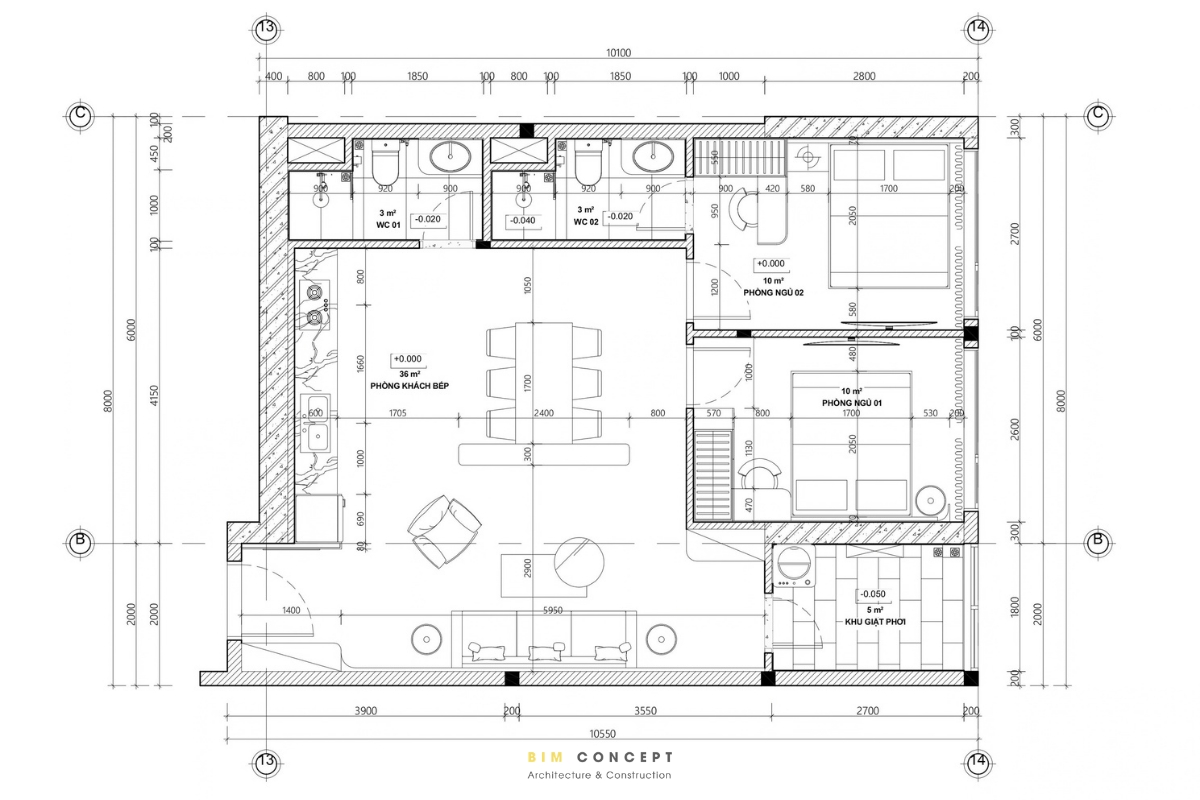 Mặt bằng căn hộ 2 phòng ngủ 85m2