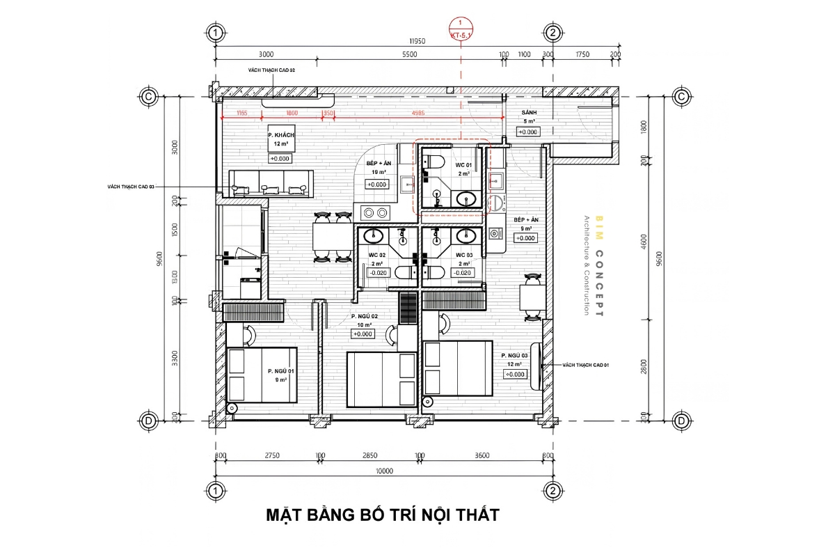 Mặt bằng chung cư 3 phòng ngủ 96m2