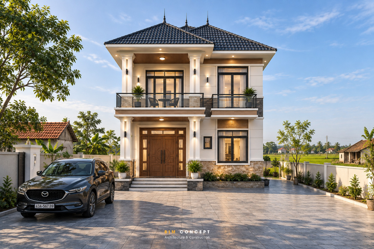 Nhà 700 triệu 2 tầng mái Nhật ở nông thôn