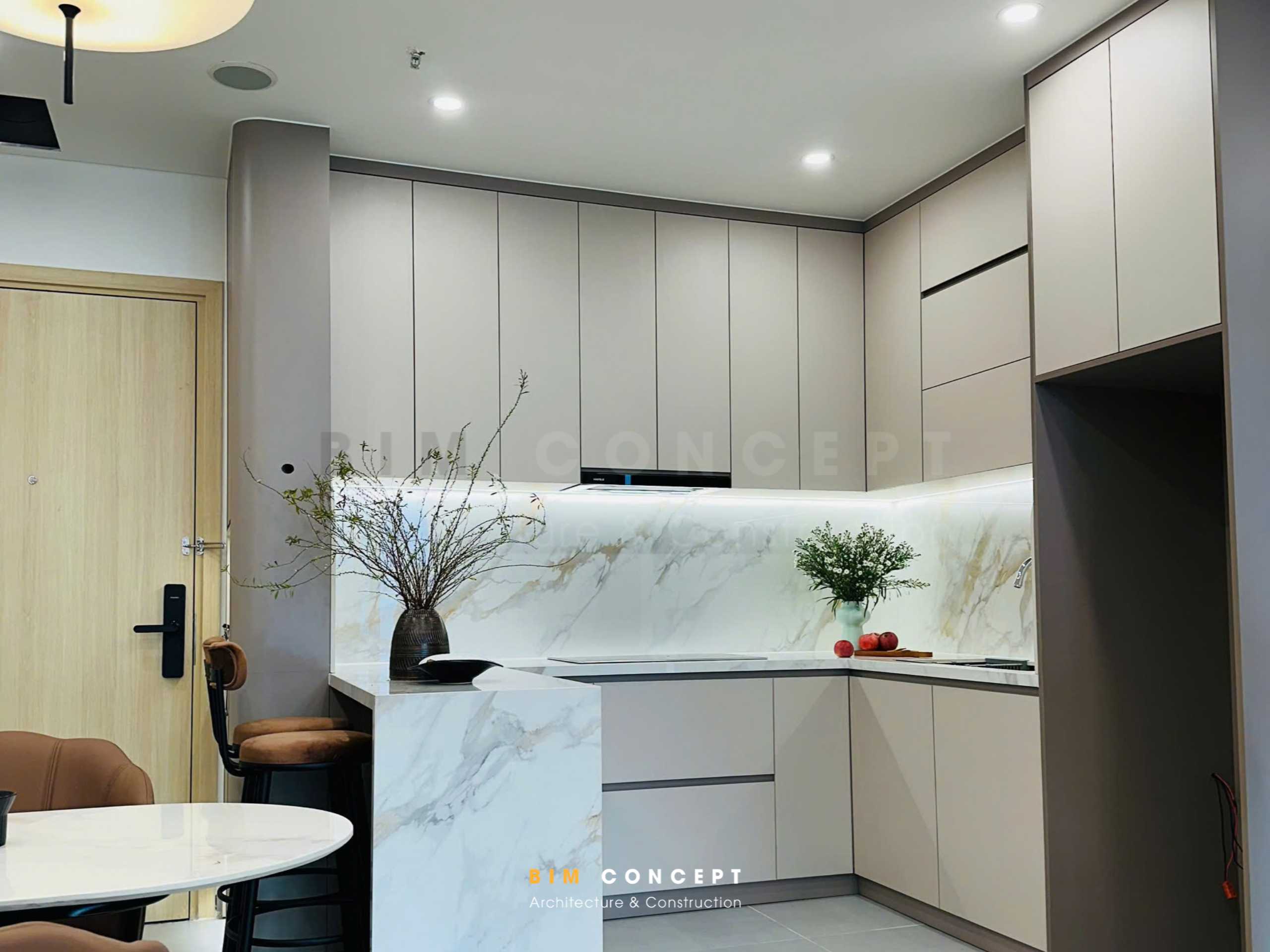 Hệ tủ bếp chữ L cao kịch trần