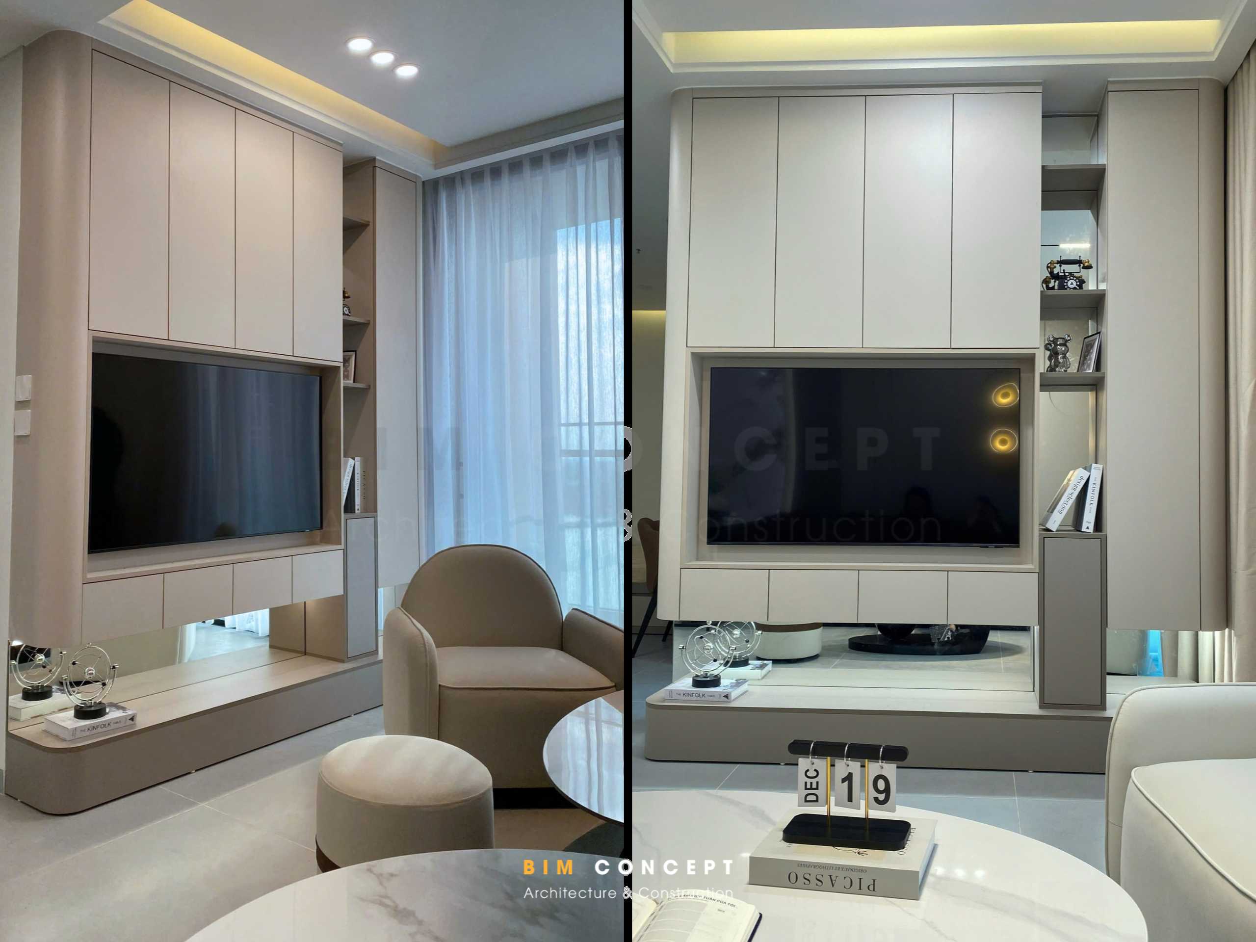 Vách tivi được tận dụng làm vạch kết hợp ngăn hộc để đồ trang trí