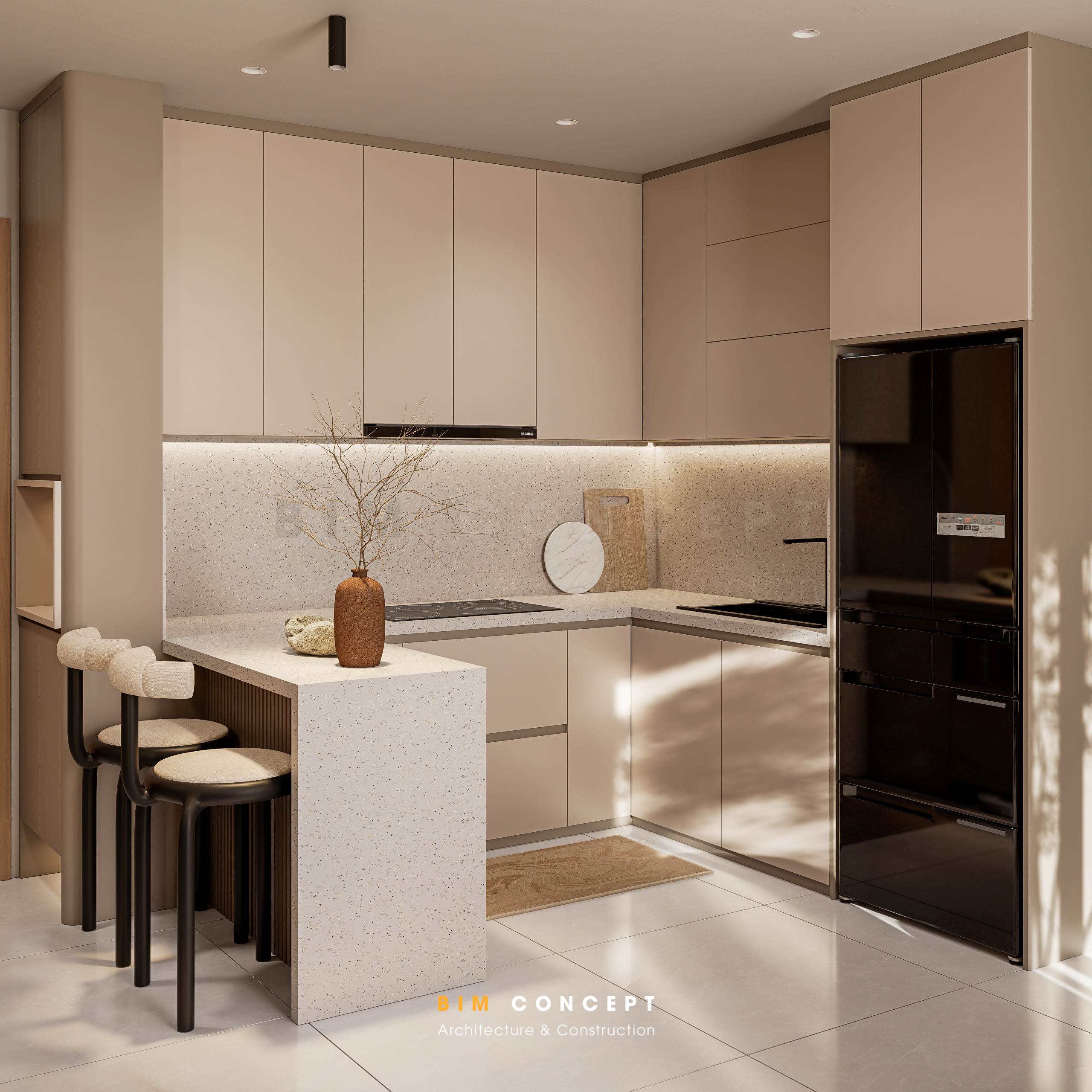 Sử dụng hệ tủ bếp chữ L cao kịch trần để tối ưu diện tích cho căn hộ 51m2