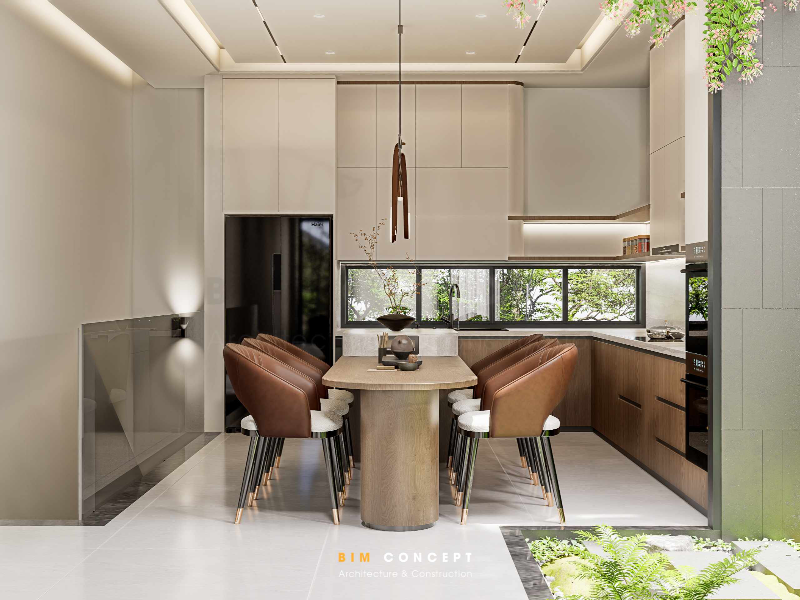 Bố trí bàn ăn 6 ghế ở giữa phòng bếp