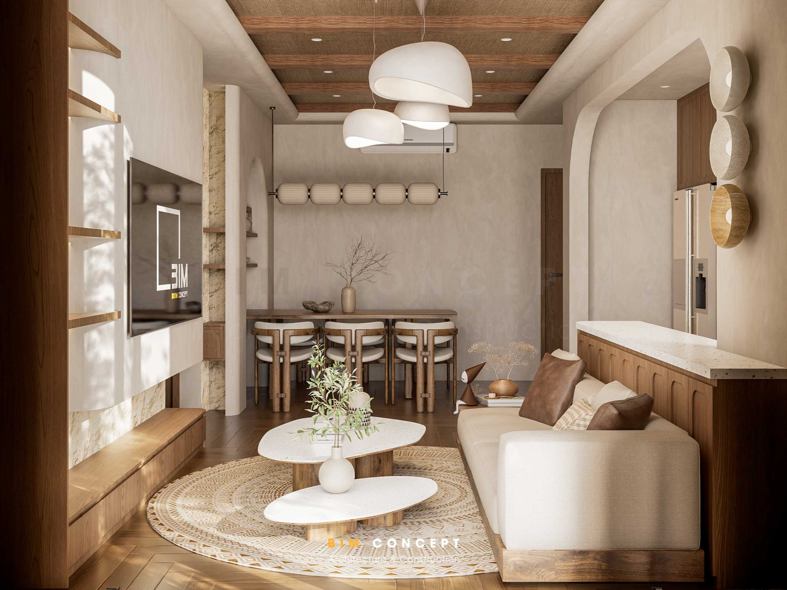 Phòng khách chung cư với phong cách Wabi Sabi chủ đạo