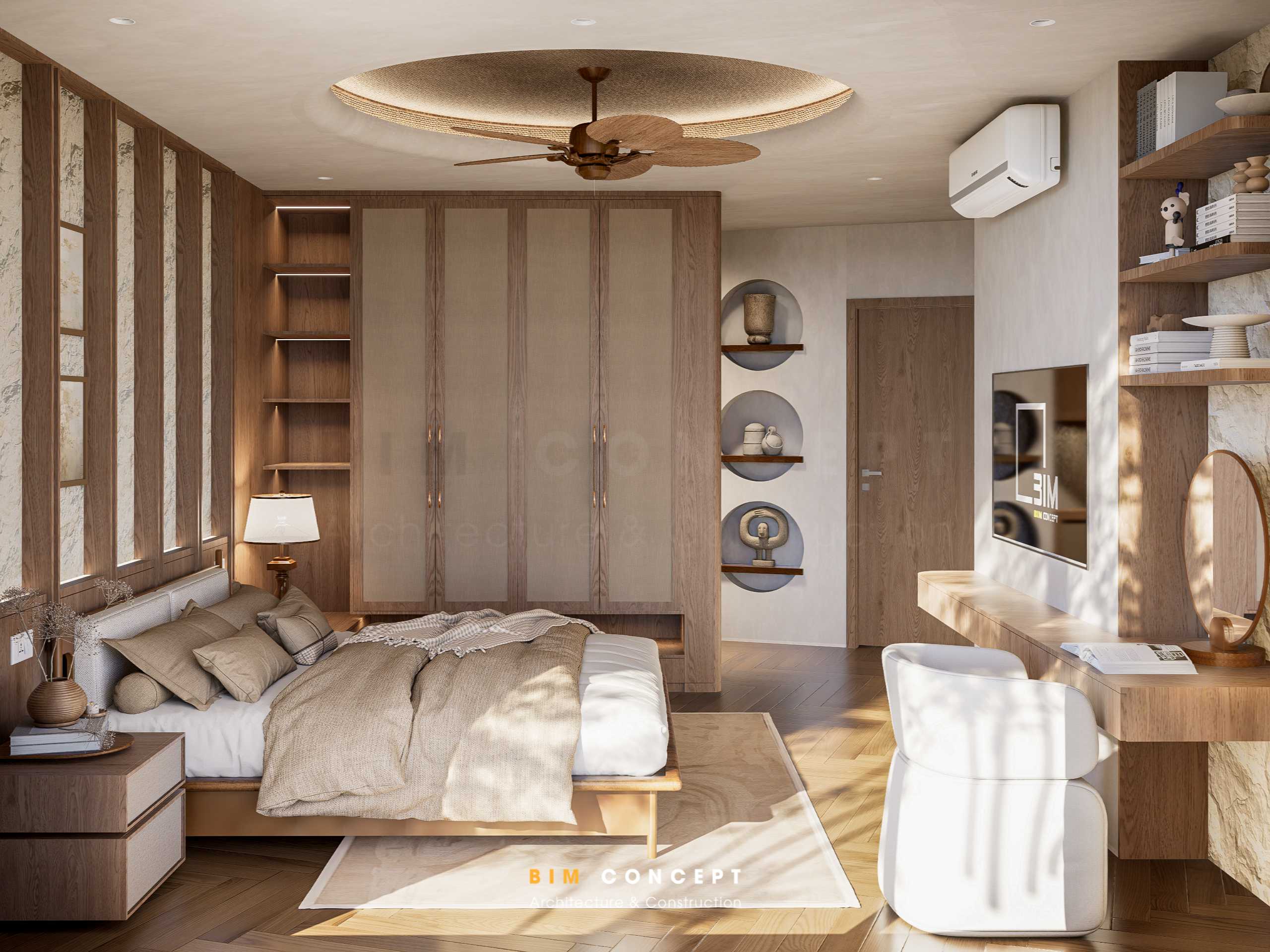 Hệ tủ quần áo 4 cánh kết hợp 1 ngăn tủ trang trí