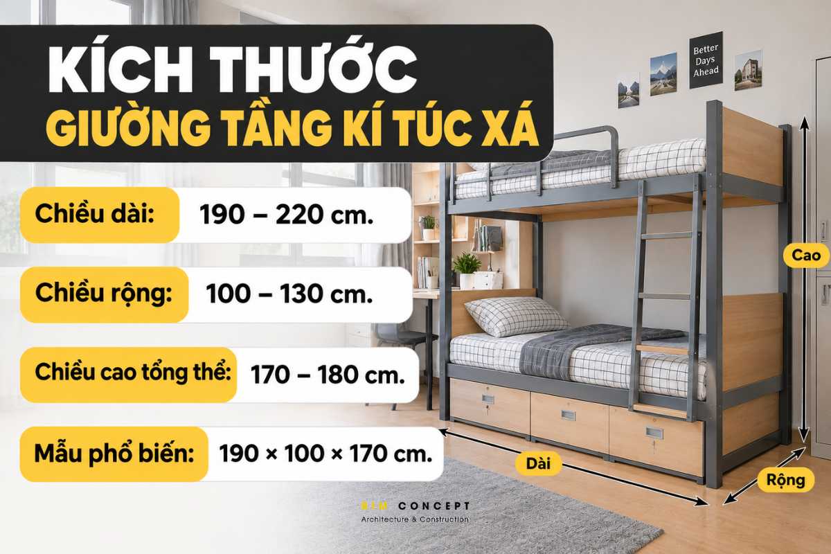 Kích thước giường tầng sinh viên ký túc xá