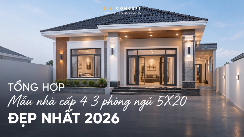 100+ Mẫu nhà cấp 4 3 phòng ngủ 5x20 đẹp nhất 2026