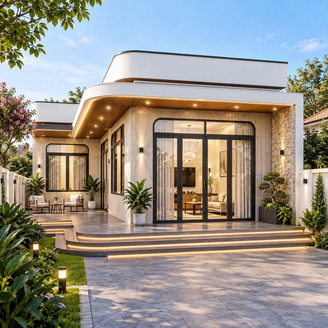 Mẫu nhà cấp 4 đẹp 100m2 mái bằng xu hướng bo cong